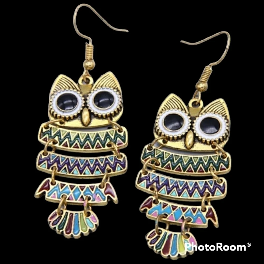 Owl Earrings Multi-color On Gold Tone